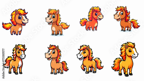 Collection of cute fiery horse cartoon characters, featuring various poses with vibrant orange and brown coats, expressive faces, and flowing manes.