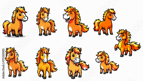 Group of adorable cartoon horse characters in various poses with expressive faces, featuring vibrant orange and brown coats. Each cartoon horse represents playful spirit,