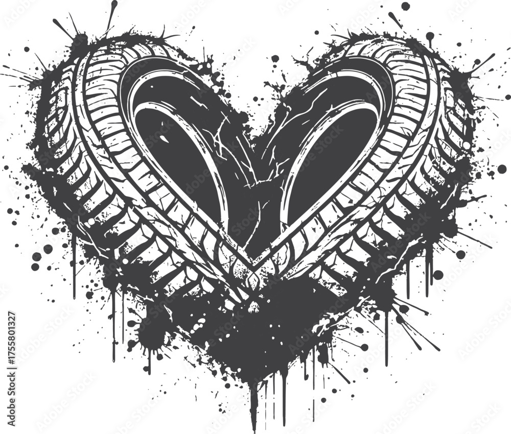 Obraz premium A striking black-and-white tire heart graffiti piece with splatter accents, blending street art energy and bold graphic lines. Ideal for edgy branding, automotive