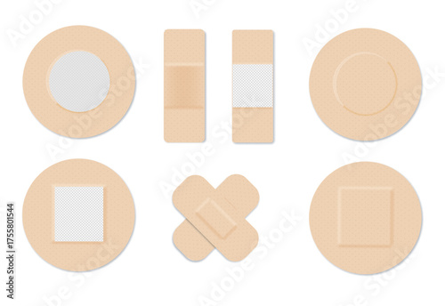Medical plasters. Bandages set. Adhesive bandage for first aid for wounds operations and skin injuries. Protecting open wound from infection. Vector