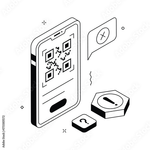 Isometric 3D QR code error illustration showing scan failure or invalid code.