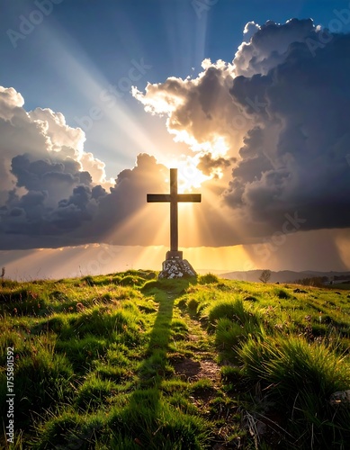 A silhouette of a cross atop a grassy hill, bathed in radiant sunlight streaming through dramatic, dark clouds
