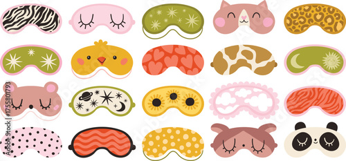Sleep mask. Different sleeping masks for comfortable sleeping at home in travel in car or train or airplane trip. Trendy cute dopamine masks set, modern collection. For social media, stickers, design.
