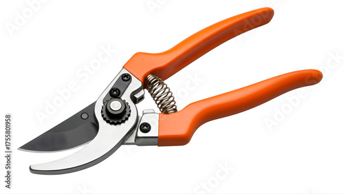 Orange handled pruning shears garden tool for trimming plants and shrubs isolated on white background on transparent background