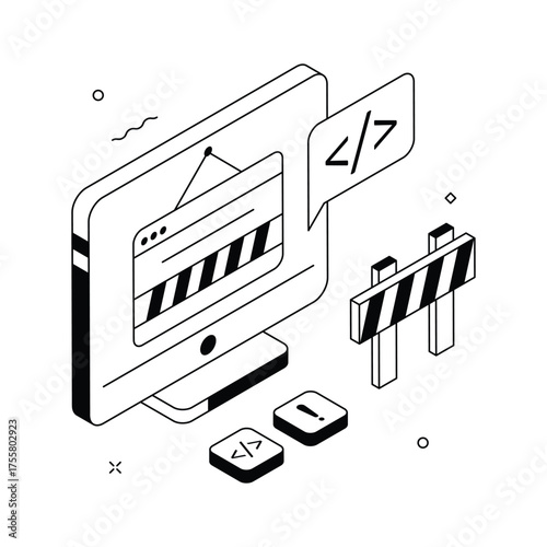 Creative isometric illustration of website under construction or blocked page.