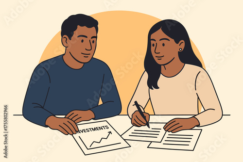 Latino man and South Asian woman discussing investments - business partnership, finance, strategy