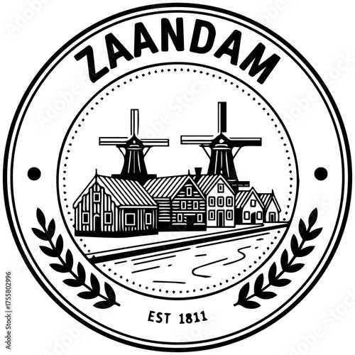 Zaandam Emblem Featuring Windmills, Traditional Houses, and Waterway Scene