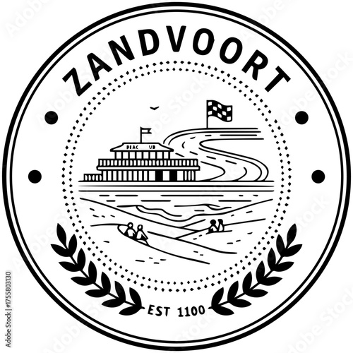 Zandvoort Emblem Featuring Beach Club, Racetrack, and Coastal Scene