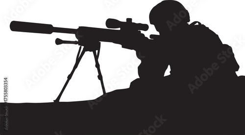 Silhouette of a dedicated marksman in tactical gear, precisely aiming a long-range rifle, illustrating precision and strategic operations in a military context