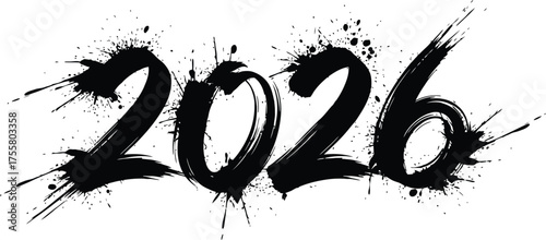Brush stroke silhouette of the year 2026 with dynamic splatter edges