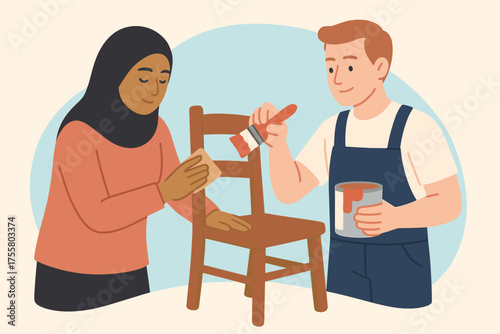 Muslim woman and Caucasian man refurbishing chair together - DIY, home improvement, teamwork, restoration