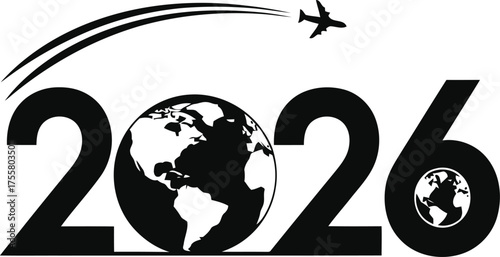 Year 2026 silhouette with airplane jet stream above