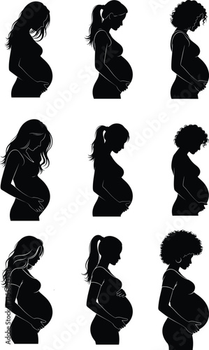  Diverse Pregnant Woman Silhouettes in Profile - Various Hairstyles and Poses