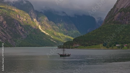 Drone view of classic sailing yacht cruising in Hardangerfjord Norway