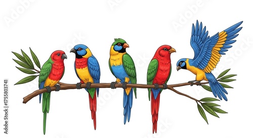 Vibrant Parrot Perch Harmony Tropical Bird Artwork Avian Colorfulness Branch Birds Colorful Wildlife Exotic Nature Parrot Family