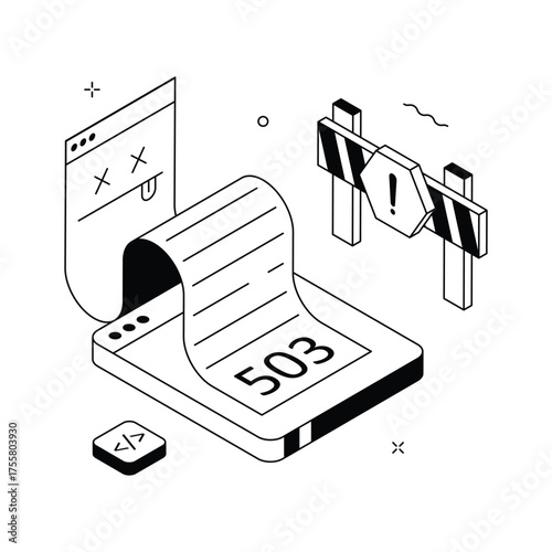 Isometric illustration of mobile page showing 503 service unavailable website error.