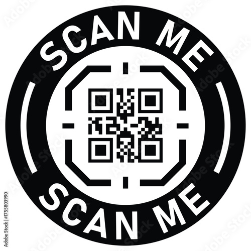 Black and white vector icon with a QR code inside a circle. "SCAN ME" text surrounds the code. Ideal graphic for mobile calls-to-action, promotion, links, and digital marketing.