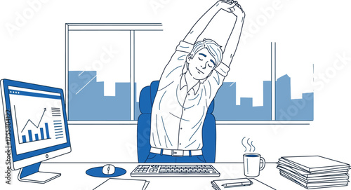 Businessman overwhelmed by workload in modern office with city view graphs