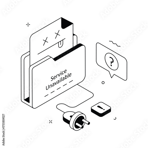 Isometric illustration of service unavailable error with unplugged cable and sad document