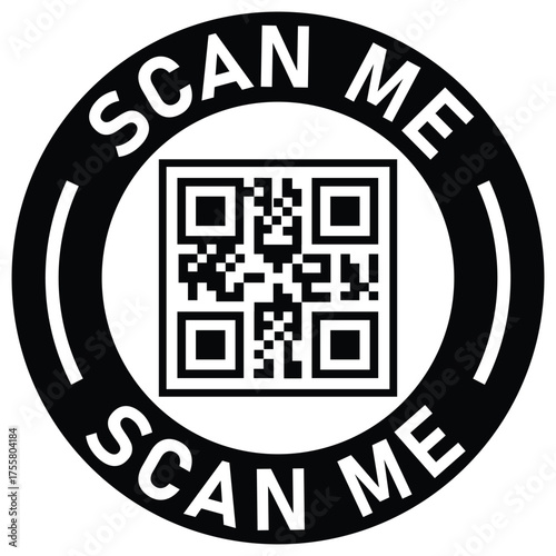 Black and white vector icon with a QR code inside a circle. "SCAN ME" text surrounds the code. Ideal graphic for mobile calls-to-action, promotion, links, and digital marketing.