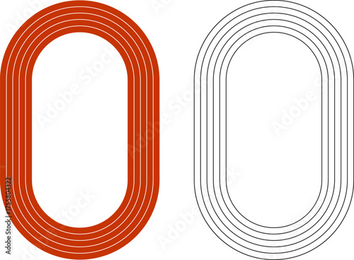 Running athletics track with soccer stadium. Top view of arena field with lines and marks. Stadium, race track, arena and field or cycling venue, field for sports competitions. Vector or png image.