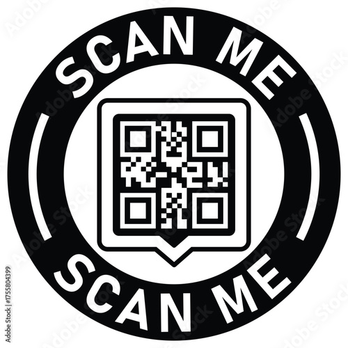 Black and white vector icon with a QR code inside a circle. "SCAN ME" text surrounds the code. Ideal graphic for mobile calls-to-action, promotion, links, and digital marketing.	