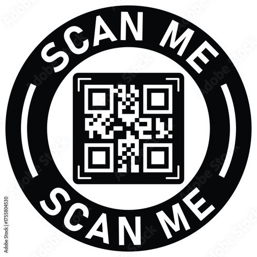 Black and white vector icon with a QR code inside a circle. "SCAN ME" text surrounds the code. Ideal graphic for mobile calls-to-action, promotion, links, and digital marketing.	