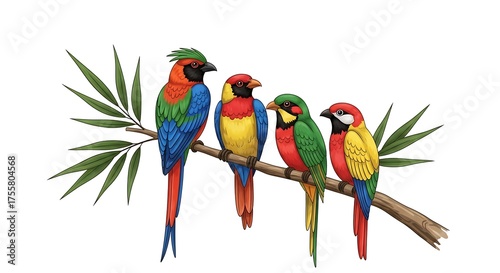 Lively Parrot Gathering on Branch Jungle Bird Assembly Tropical Avian Display Colorful Wildlife Group Birds Together Exotic
