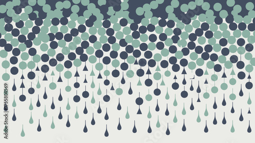 Abstract pattern with circles triangles and teardrop shapes in muted green and dark blue colors