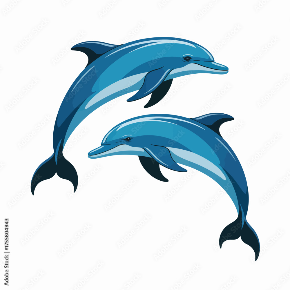 Fototapeta premium Two playful blue dolphins jumping together against a clean white background for wildlife advertising.