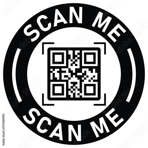 Black and white vector icon with a QR code inside a circle. "SCAN ME" text surrounds the code. Ideal graphic for mobile calls-to-action, promotion, links, and digital marketing.	