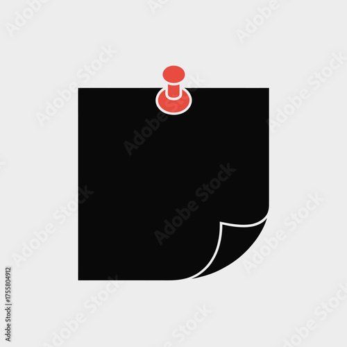 Scalable vector illustration of a black note paper pinned with a pushpin for easy graphic design silhouette vector illustration white background