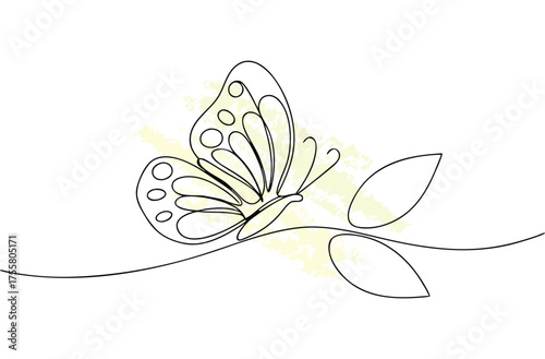 Minimalist single line drawing a butterfly with leaves yellow texture insect animal