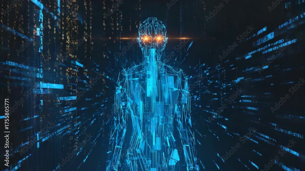A futuristic humanoid figure made of glowing blue digital lines with ...