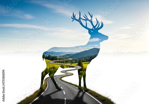 A Majestic Stag Silhouette Filled with a Winding Road Through a Lush Landscape Under a Cloudy Sky