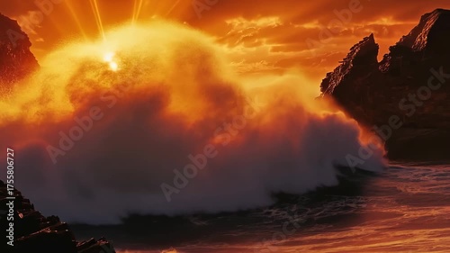 Vibrant sunset waves crashing against rocky coastline creating dramatic ocean spray