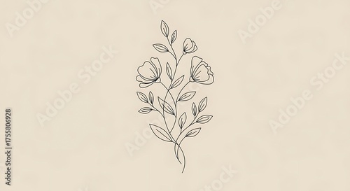 Elegant Floral Line Art on Warm Beige Backdrop: Delicate Botanical Illustration for Subtle Designs and Natural Beauty
