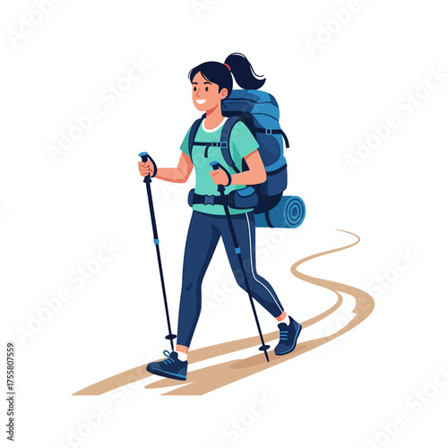 Illustration of a smiling young woman hiking with trekking poles and a backpack on a winding trail