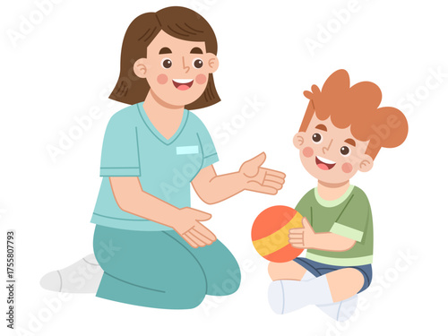 Illustration of Therapist Playing Ball with Child