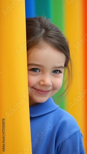 Cheerful girl moves from behind colorful playground tubes looking and smiling with curiosity while changing position playfully