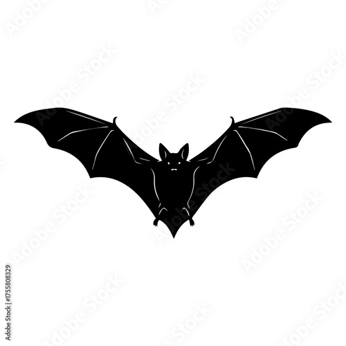 Black Bat Silhouette Against White Background for Halloween Design or Wildlife Theme Vector Illustration