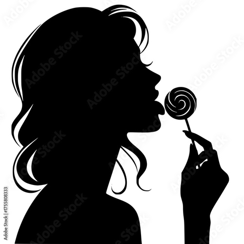 Monochrome black design of woman profile licking a lollipop