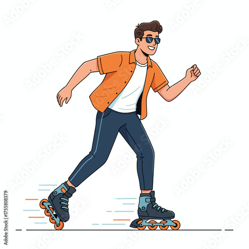 A young man rollerblading with a joyful expression on a white background.