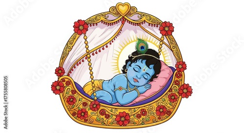 Illustration of baby Krishna sleeping in a decorated cradle against a white background