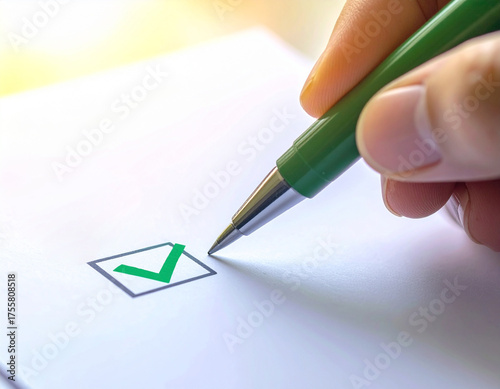 Una mano marcando un check verde con bolígrafo en una lista de objetivos en papel blanco, símbolo de metas cumplidas, planificación productividad personal profesional éxito, eficiencia y organización