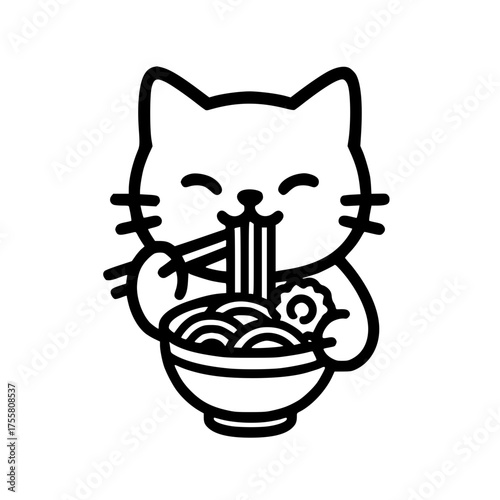 Solid black silhouette of cute cat eating ramen noodles