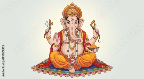 Illustration of Ganesha sitting on a colorful rug with multiple arms in a traditional Indian style against a plain background.