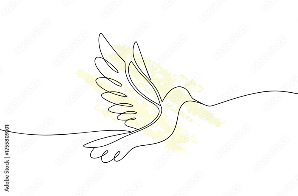 Fototapeta premium Minimalist single line drawing a hummingbird in flight with abstract yellow tail