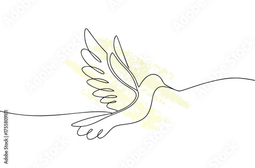 Minimalist single line drawing a hummingbird in flight with abstract yellow tail