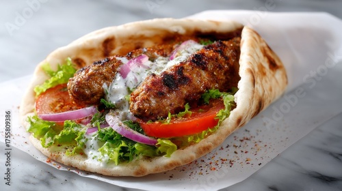 Grilled seekh kebab roll made with seasoned minced meat and creamy sauce, wrapped in naan bread. Garnished with chili powder and black pepper for an aromatic Indian flavor.